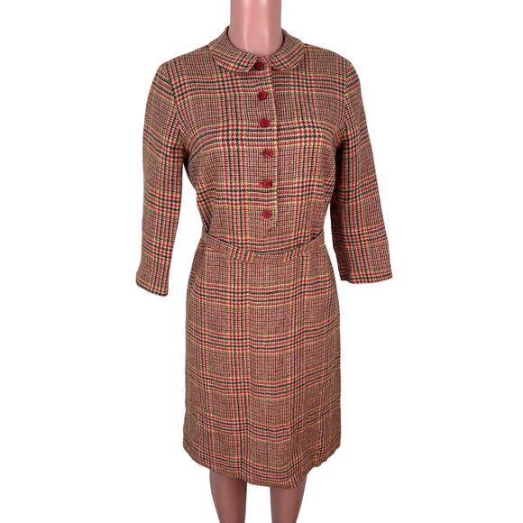 VINTAGE Dress *no label* modern size 6 or 8 houndstooth plaid red tan wool - Picture 1 of 11